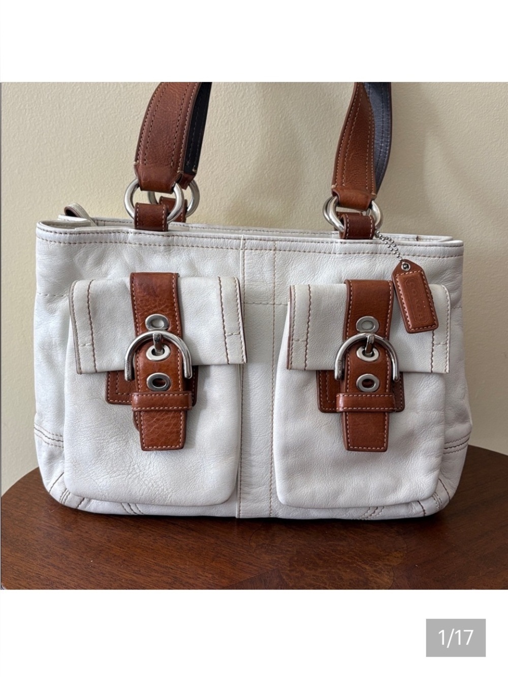 Coach Vintage SoHo satchel shoulder bag leather cream/brown 2 fr buckle pocket - Picture 1 of 17